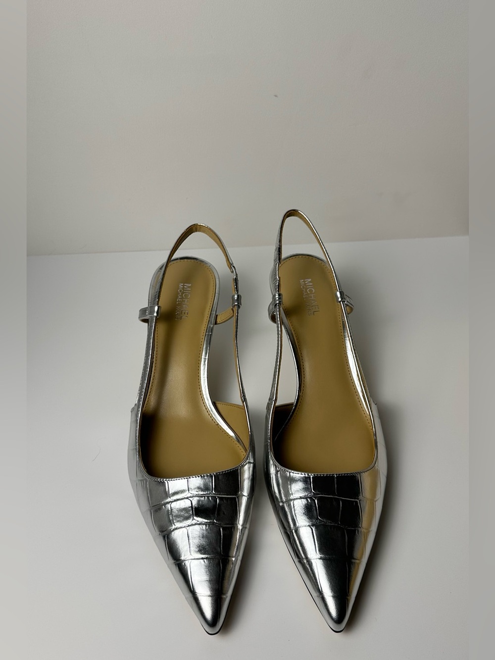 MICHAEL Michael Kors Metallic Silver Croc-Embossed Pointed Slingbacks